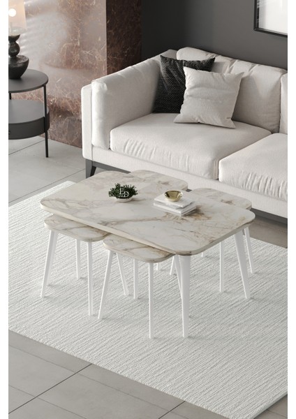 Zigon ve Orta Sehpa 5'li Takım , Metal Ayaklı , Roma 4+1 Sehpa , Beyaz Metal - Beyaz Mermer Tabla