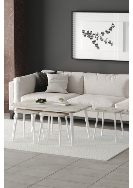 Zigon ve Orta Sehpa 5'li Takım , Metal Ayaklı , Roma 4+1 Sehpa , Beyaz Metal - Beyaz Mermer Tabla fiyatları