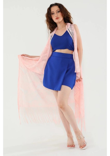 Pareo Dantel Yelek Mayo Bikini Üzeri Yaprak Desenli Püsküllü Plaj Elbisesi - Açık Pembe modelleri