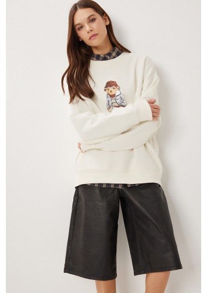 Oversize Ayıcık Baskılı Örme Sweatshirt LFN0135 Krem fiyatları