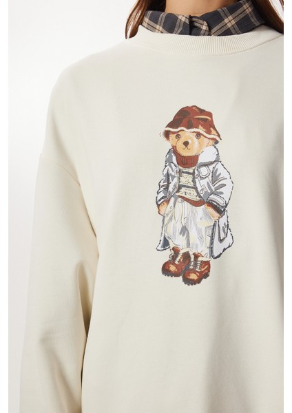 Oversize Ayıcık Baskılı Örme Sweatshirt LFN0135 Krem modelleri