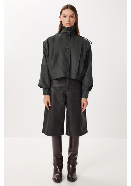 Piliseli Kısa Süet Ceket LFN0136 Haki