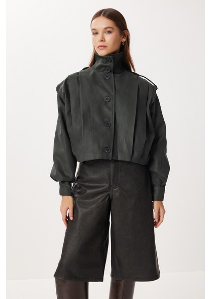 Piliseli Kısa Süet Ceket LFN0136 Haki fırsatları