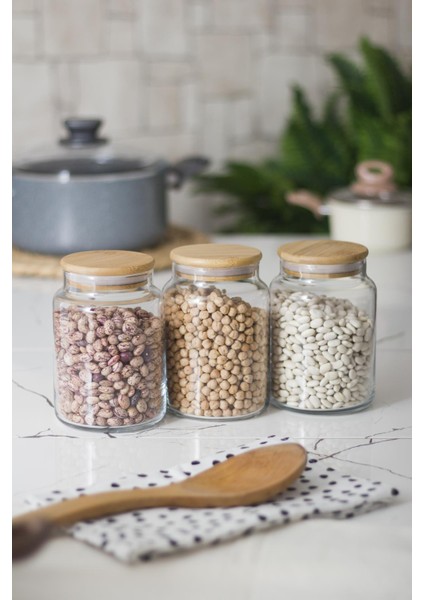 3 Lü Set Bambu Kapaklı Cam Kavanoz & Erzak Saklama Kabı 800 ml Orta Boy ( Vakum Kapak ) fırsatları