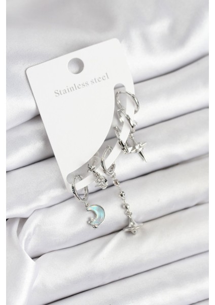 Pirinç Gümüş Renk Ay Model Kadın Set Küpe