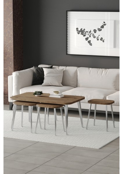 Zigon ve Orta Sehpa 5'li Takım , Metal Ayaklı , Roma 4+1 Sehpa , Gümüş Metal - Atlantik Çam Tabla fiyatları