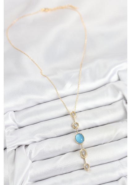 Pirinç Zincir Mavi Gold Renk Zirkon Taşlı Y Kolye fiyatları