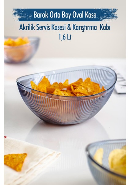 Akrilik Barok Lacivert Orta Boy Oval Meyve & Salata Kasesi & Karıştırma Kabı / 1,6 Lt (Cam Değildir)