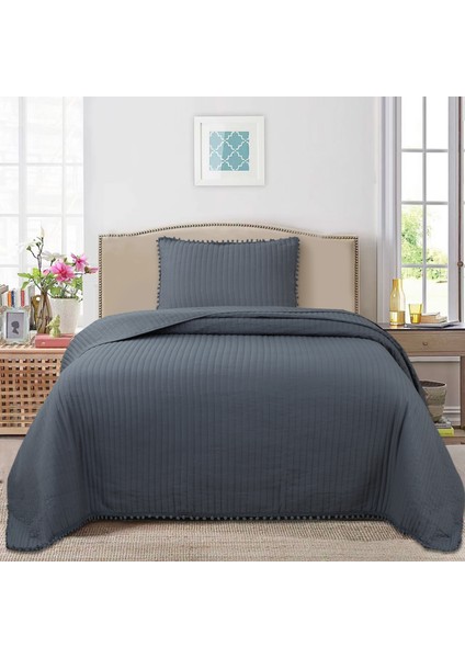 Melody Dikey Çizgili Kapitone Yatak Örtüsü Seti (Tek & Çift) | Ponpon Detaylı Yumuşak Mikrofiber (5 Renk)