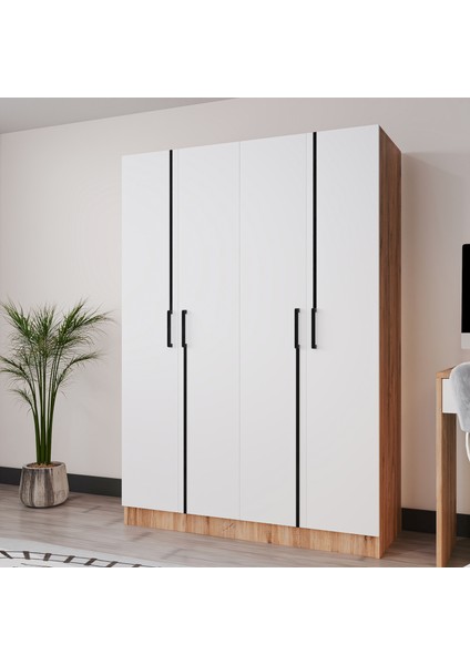 Piyano 4 Kapaklı Dolap Genç Odası-Çocuk Odası Gardırop Meşe Beyaz