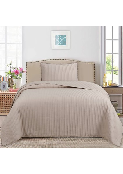 Melody Dikey Çizgili Kapitone Yatak Örtüsü Seti (Tek & Çift) | Ponpon Detaylı Yumuşak Mikrofiber (5 Renk)