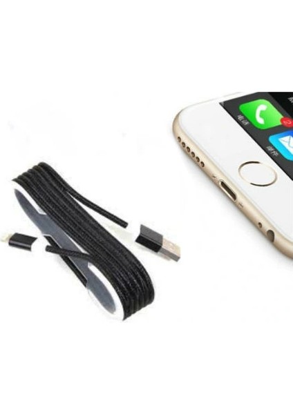 Iphone Örgü Şeklinde Renkli Çelik Şarj Data Kablosu - Siyah