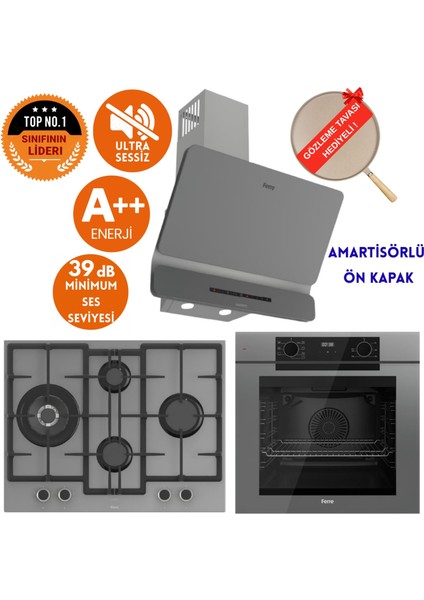 Fryart & Silentart Gıao Sessiz Antrasit Gri Ankastre Set (D082-SA+ QEP63CPR +ED078-WFA 1'wok)