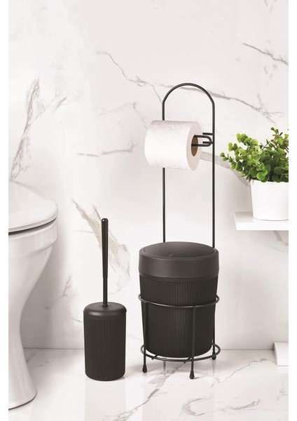 Metal Standlı Yuvarlak Kovalı & Kağıtlıklı & Fırçalıklı Siyah Banyo Takımı fiyatları