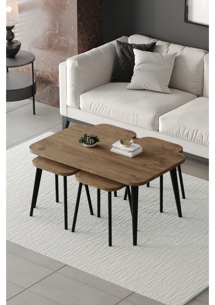 Zigon ve Orta Sehpa 5'li Takım , Metal Ayaklı , Roma 4+1 Sehpa , Siyah Metal - Atlantik Çam Tabla