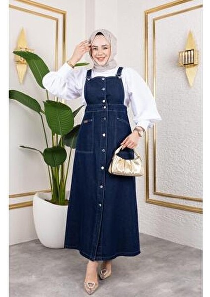 Kadın Fırfırlı Eteği Askılı Kot Salopet Zarif Tasarım ile Günlük Kullanım İçin