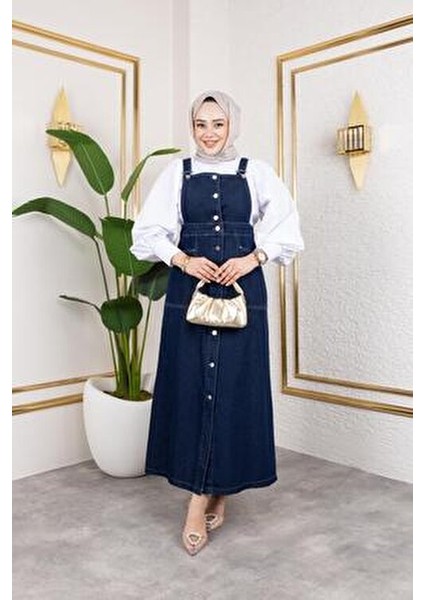 Kadın Fırfırlı Eteği Askılı Kot Salopet Zarif Tasarım ile Günlük Kullanım İçin