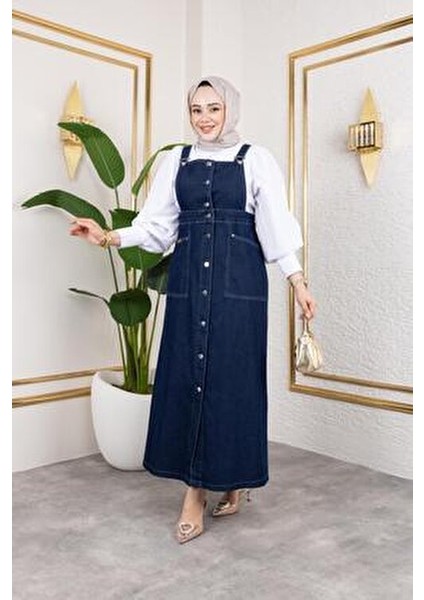 Kadın Fırfırlı Eteği Askılı Kot Salopet Zarif Tasarım ile Günlük Kullanım İçin