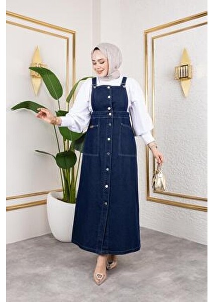 Kadın Fırfırlı Eteği Askılı Kot Salopet Zarif Tasarım ile Günlük Kullanım İçin