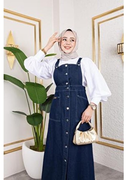 Kadın Fırfırlı Eteği Askılı Kot Salopet Zarif Tasarım ile Günlük Kullanım İçin