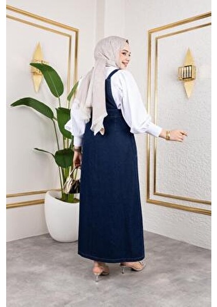 Kadın Fırfırlı Eteği Askılı Kot Salopet Zarif Tasarım ile Günlük Kullanım İçin