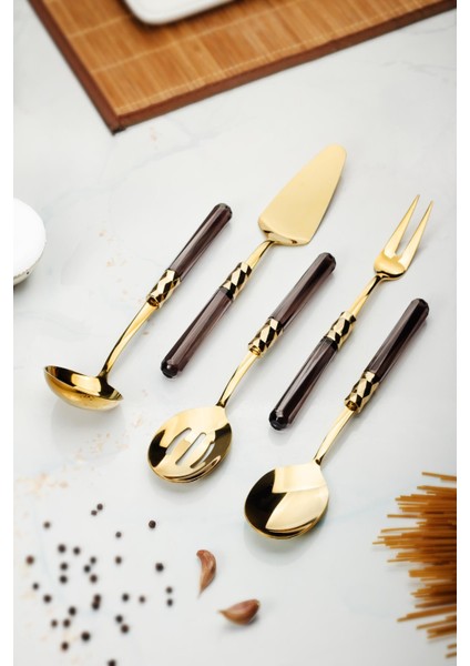 5 Parça Gold Servis Seti & Servis Sunum Seti Füme ( Kepçe / Kevgir / Sıpatula / Çatal / Kaşık ) fiyatları