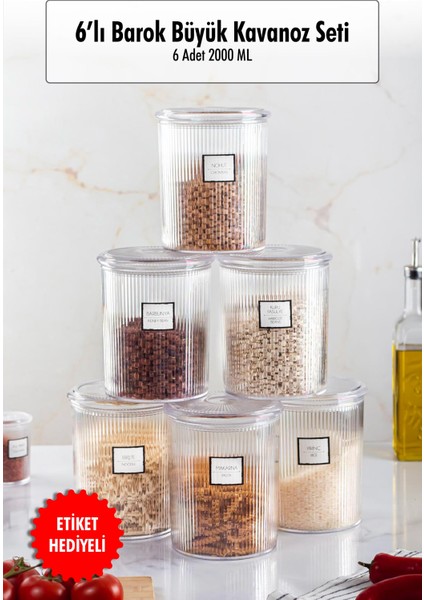 6'lı Barok Yuvarlak Büyük Kavanoz Seti & Saklama Kabı & Erzak Kabı (6*2000 ML)