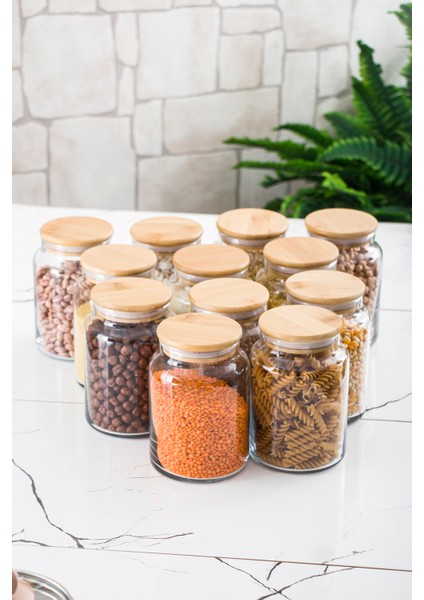 12 Lü Set Bambu Kapaklı Cam Kavanoz & Erzak Saklama Kabı 800 ml Orta Boy ( Vakum Kapak ) fiyatları