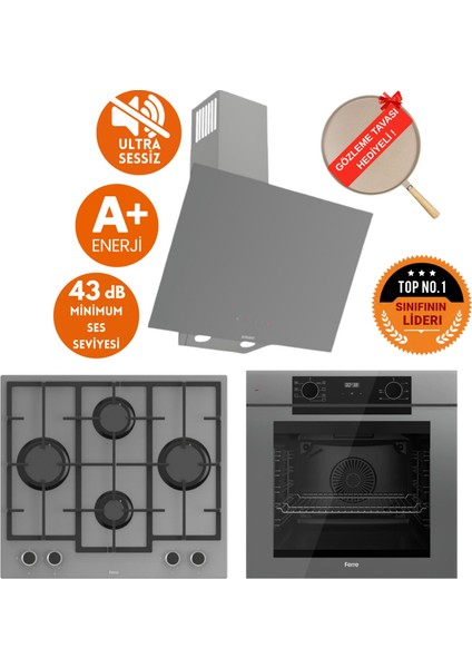 Fryart & Silentart Luo Yeni Seri Sessiz Antrasit Gri Ankastre Set (D079-SA+ QEP63CPR +LN388 )