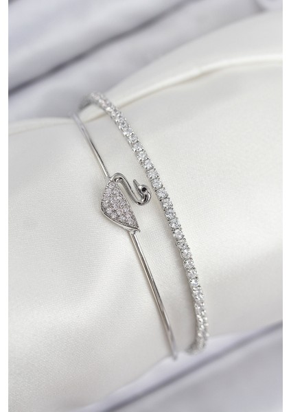 Pirinç Zirkon Taşlı Kuğu Model Gümüş Renk Kadın Bileklik