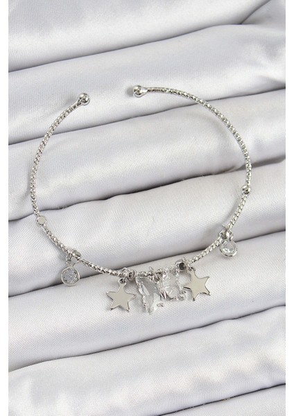 Pirinç Zirkon Taşlı Kelebek ve Yıldız Model Gümüş Renk Charm Bileklik