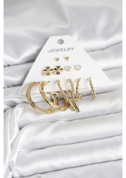 Pirinç Gold Renk 6 Çift Kadın Küpe Seti