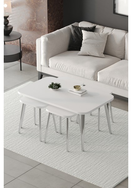 Zigon ve Orta Sehpa 5'li Takım , Metal Ayaklı , Roma 4+1 Sehpa , Gümüş Metal - Beyaz Tabla