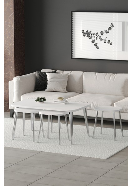 Zigon ve Orta Sehpa 5'li Takım , Metal Ayaklı , Roma 4+1 Sehpa , Gümüş Metal - Beyaz Tabla fiyatları