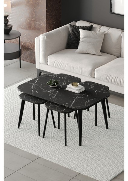 Zigon ve Orta Sehpa 5'li Takım , Metal Ayaklı , Roma 4+1 Sehpa , Siyah Metal - Siyah Mermer Tabla