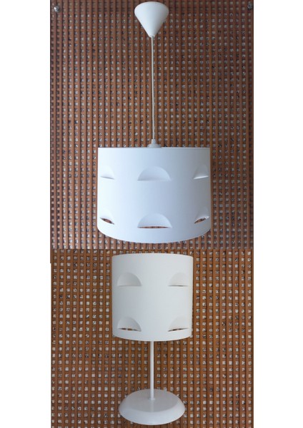 Beyaz Motifli 2.li Set M-772 Kumaş Kaplama Yatak Odası Genç ve Çocuk Odası Avize ve Abajur Takımı