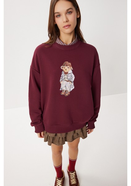 Oversize Ayıcık Baskılı Örme Sweatshirt LFN0135 Bordo