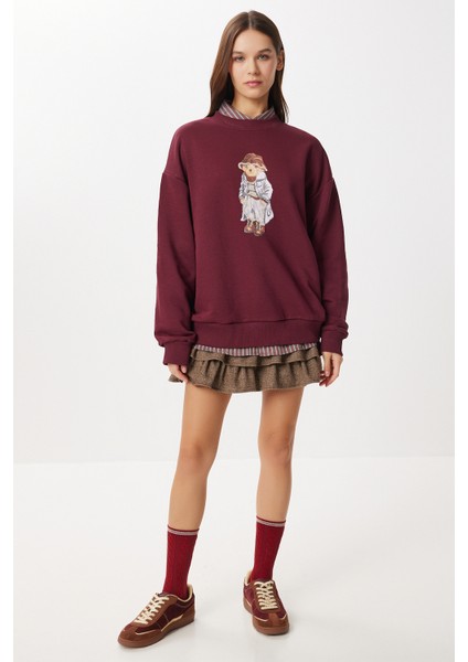 Oversize Ayıcık Baskılı Örme Sweatshirt LFN0135 Bordo fiyatları
