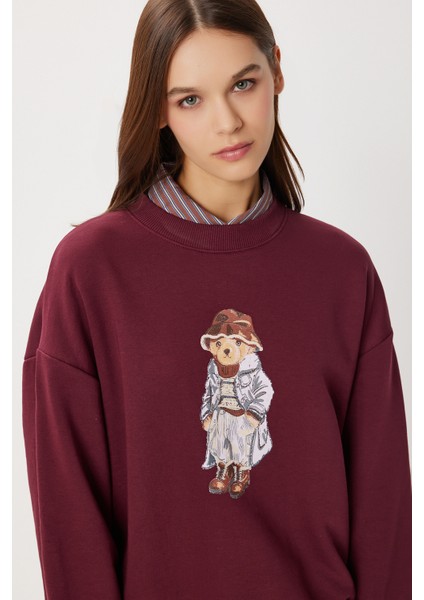 Oversize Ayıcık Baskılı Örme Sweatshirt LFN0135 Bordo modelleri