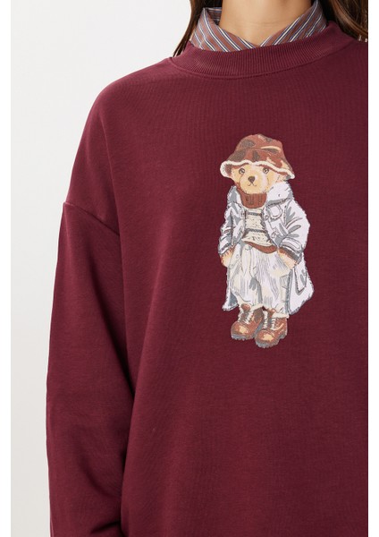Oversize Ayıcık Baskılı Örme Sweatshirt LFN0135 Bordo fırsatları