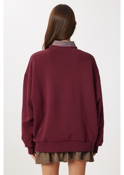 Oversize Ayıcık Baskılı Örme Sweatshirt LFN0135 Bordo indirimleri