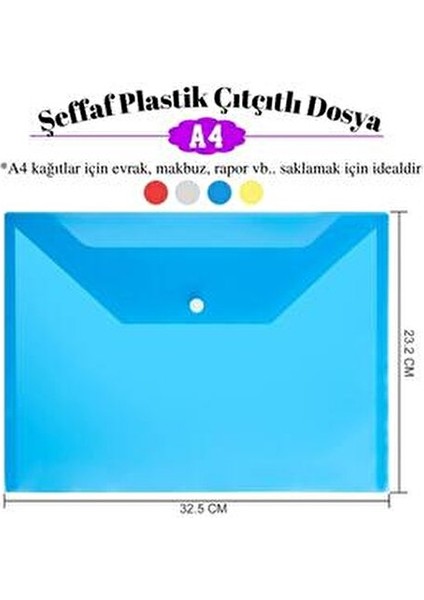 Mavi Çıtçıtlı Şeffaf Renkli Dosya 1 Adet 23,5x32,5 cm Ölçülerinde Su Geçirmez