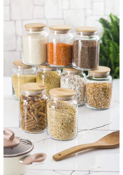 9 Lu Set Bambu Kapaklı Cam Kavanoz & Erzak Saklama Kabı 800 ml Orta Boy ( Vakum Kapak )