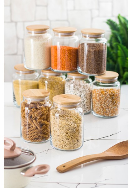 9 Lu Set Bambu Kapaklı Cam Kavanoz & Erzak Saklama Kabı 800 ml Orta Boy ( Vakum Kapak ) fiyatları