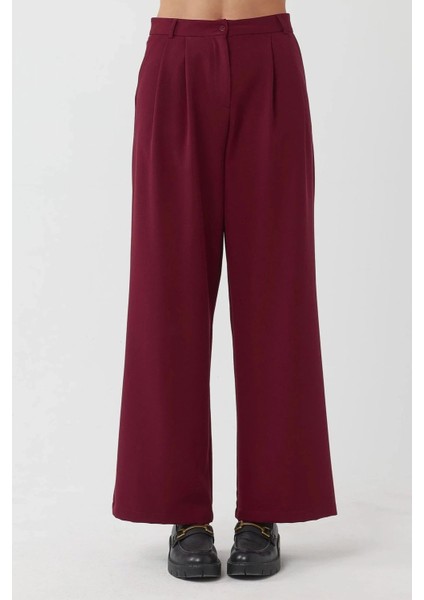 Kadın Yüksek Bel Plise Palazzo Pantolon Bordo Kırmızı