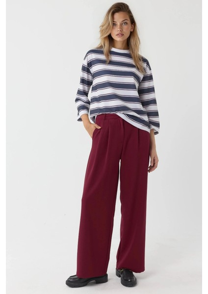 Kadın Yüksek Bel Plise Palazzo Pantolon Bordo Kırmızı