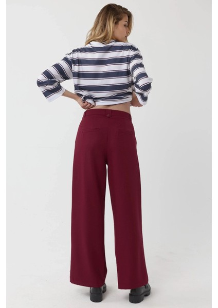 Kadın Yüksek Bel Plise Palazzo Pantolon Bordo Kırmızı