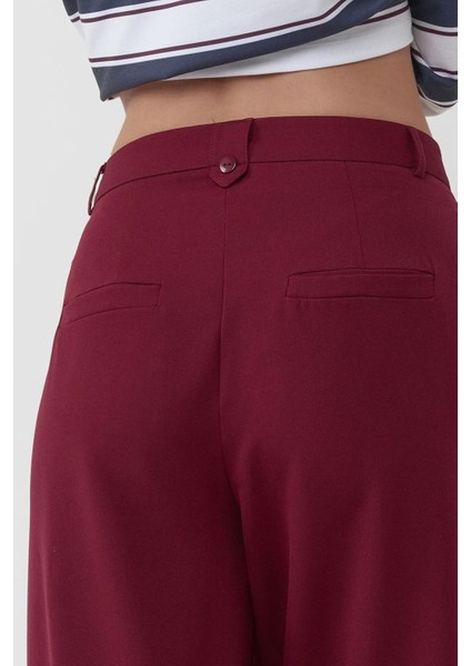 Kadın Yüksek Bel Plise Palazzo Pantolon Bordo Kırmızı