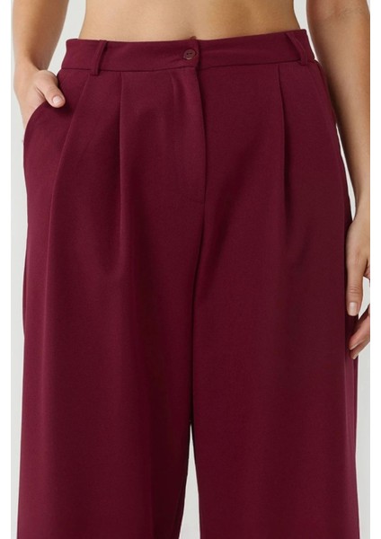 Kadın Yüksek Bel Plise Palazzo Pantolon Bordo Kırmızı