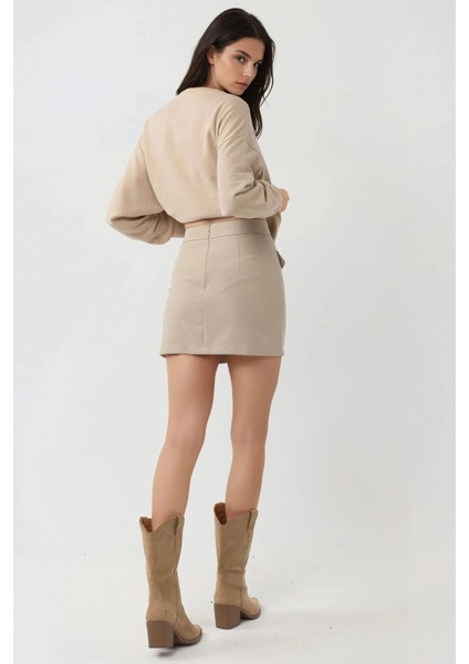 Kadın Pika Collection Cep Detaylı Mini Etek Fildişi Doğal